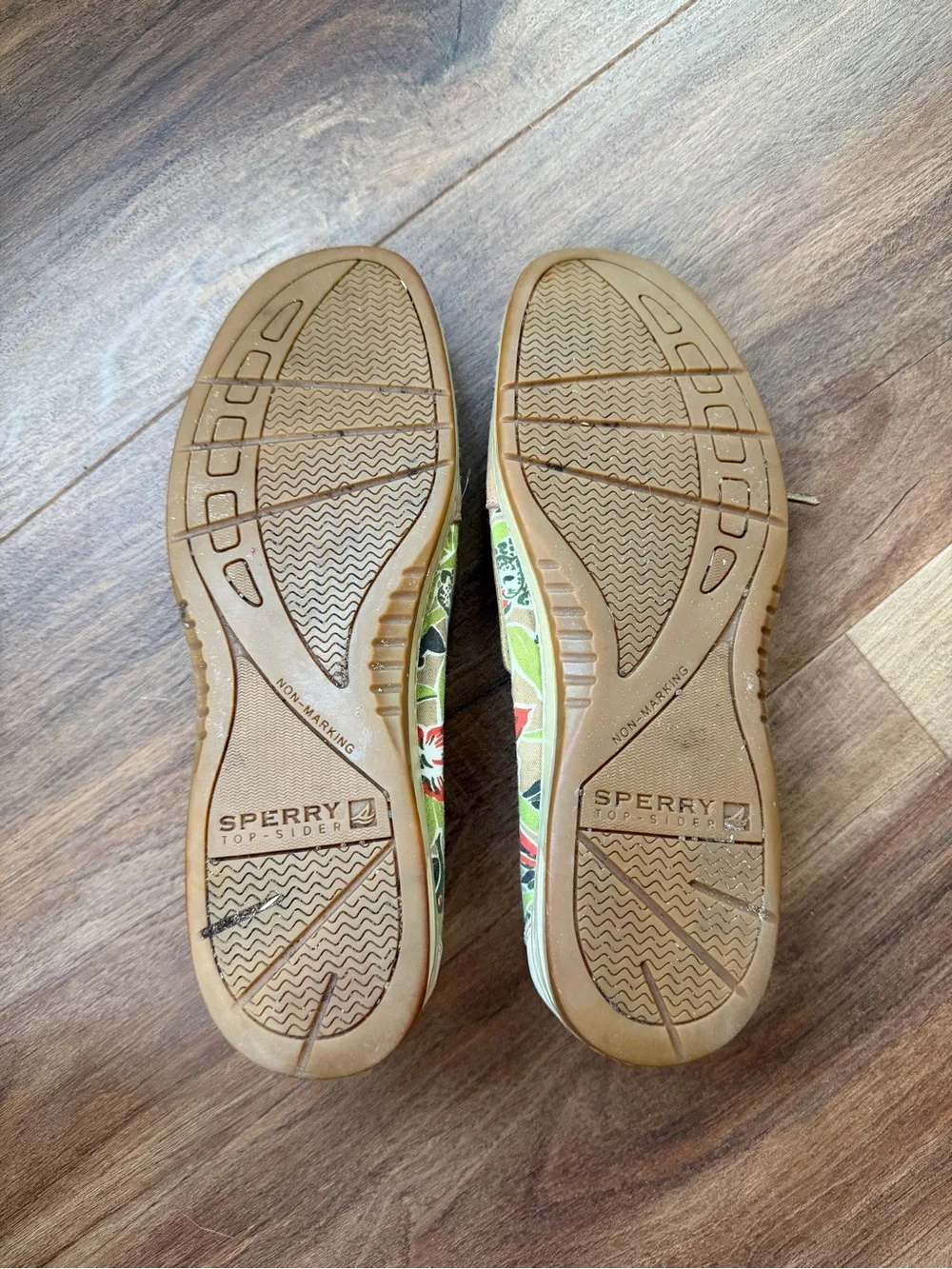 Sperry Tan Leather Boat Shoes with Floral Side Panel